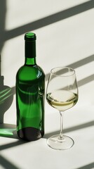 Red wine pouring into a crystal glass on a polished wooden table in soft autumn light