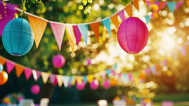 Colorful lanterns and bunting decorate a vibrant outdoor summer party