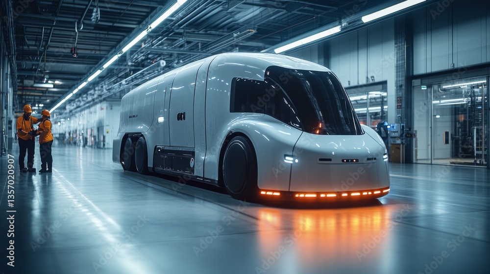 Poster cutting edge autonomous vehicle navigates through a spacious logistics warehouse, while workers moni