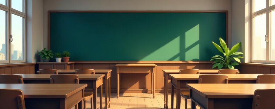 Vintage anime school classroom with chalkboard, desks, and window, desks, window, school