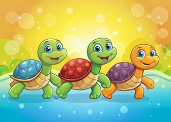 Obraz premium Adorable Cartoon Turtle Friends, Left-Positioned with Copy Space for Text