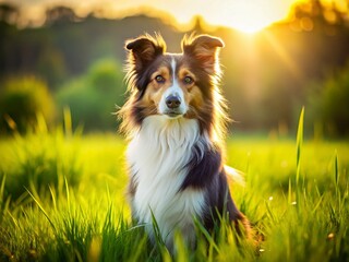 Adorable Collie Dog Sitting in Lush Green Field, Rule of Thirds Composition