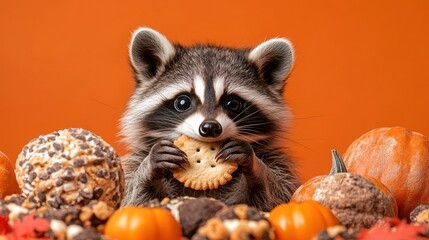 Raccoon eating cookie surrounded by pumpkins and treats
