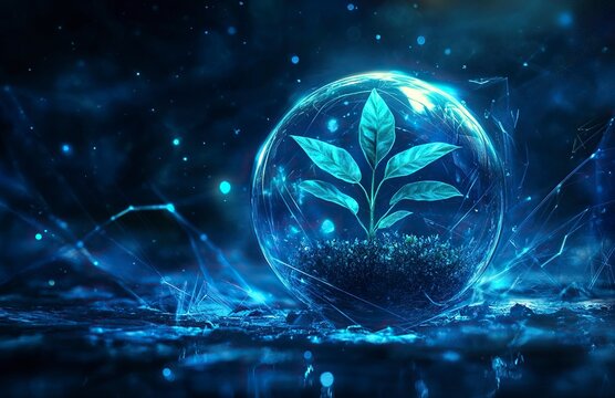 A blue digital glowing background with ethereal charms and light beams around the plant inside a sphere, in the digital art style. A futuristic plant growing in an orb underwater. 
