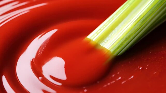 Fresh celery stick dipped in rich tomato sauce on bold red background