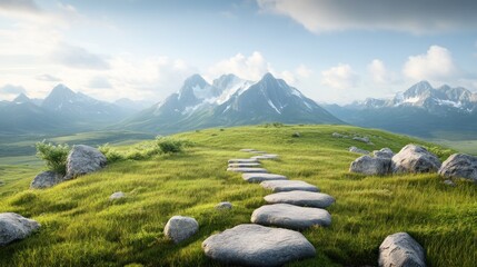 Fototapeta premium Serene stone path winding through lush green meadow towards majestic snow-capped mountains under a bright sky