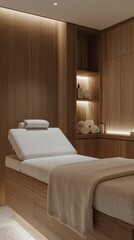 Serene minimalist spa room with cozy ambiance and branding space