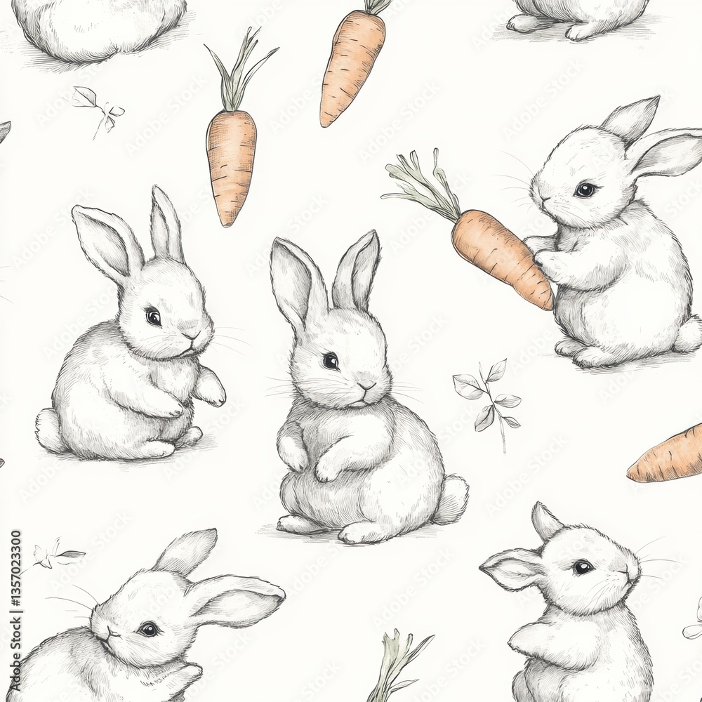 Leinwandbilder cute fluffy bunnies playing with carrots in a seamless hand-drawn pattern with soft colors for nurse