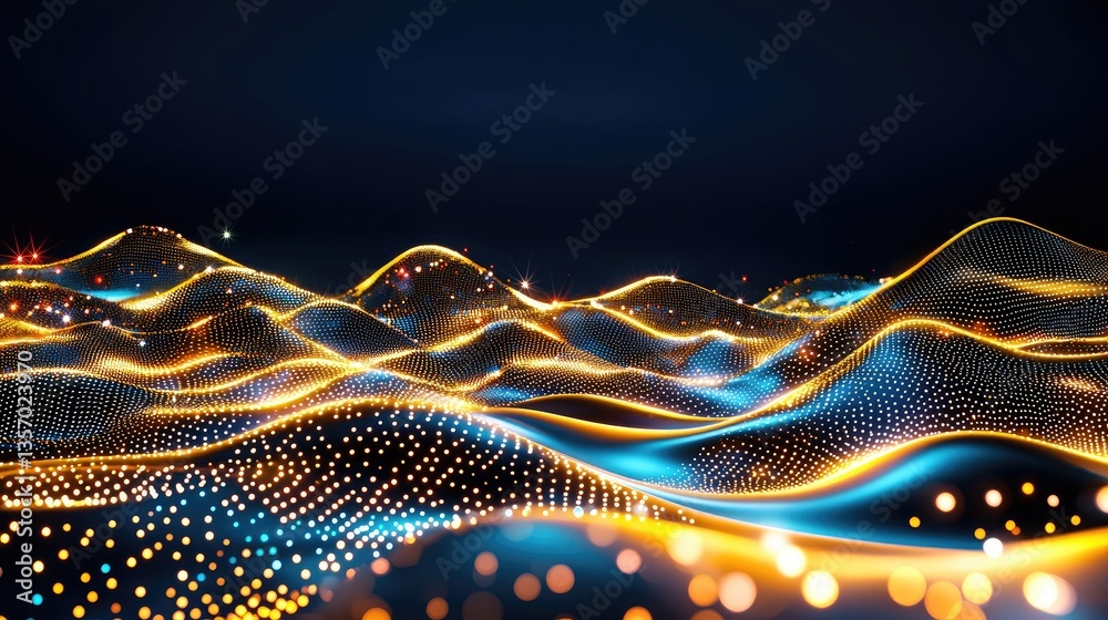 Poster big data background with sparkling points and flowing streaks, digital tech pattern