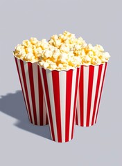 an image of two red and white striped paper popcorn boxes, there is a red and white striped cup of popcorn on a gray background