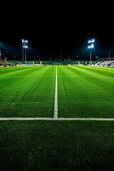 Obraz premium Empty Soccer Field At Night With Bright Stadium Lights And Striking White Line Markings