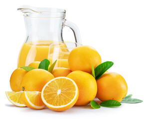 Orange fruits, carafe and glass of fresh orange juice isolated on white background. File contains...