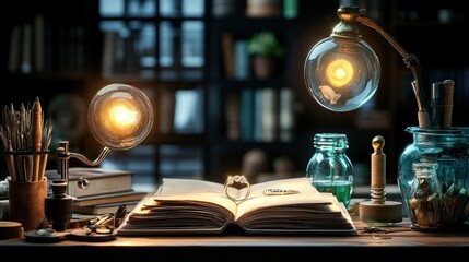 Magic ring on antique book in dark study with glowing lamps.  Possible use fantasy, occult, or story background