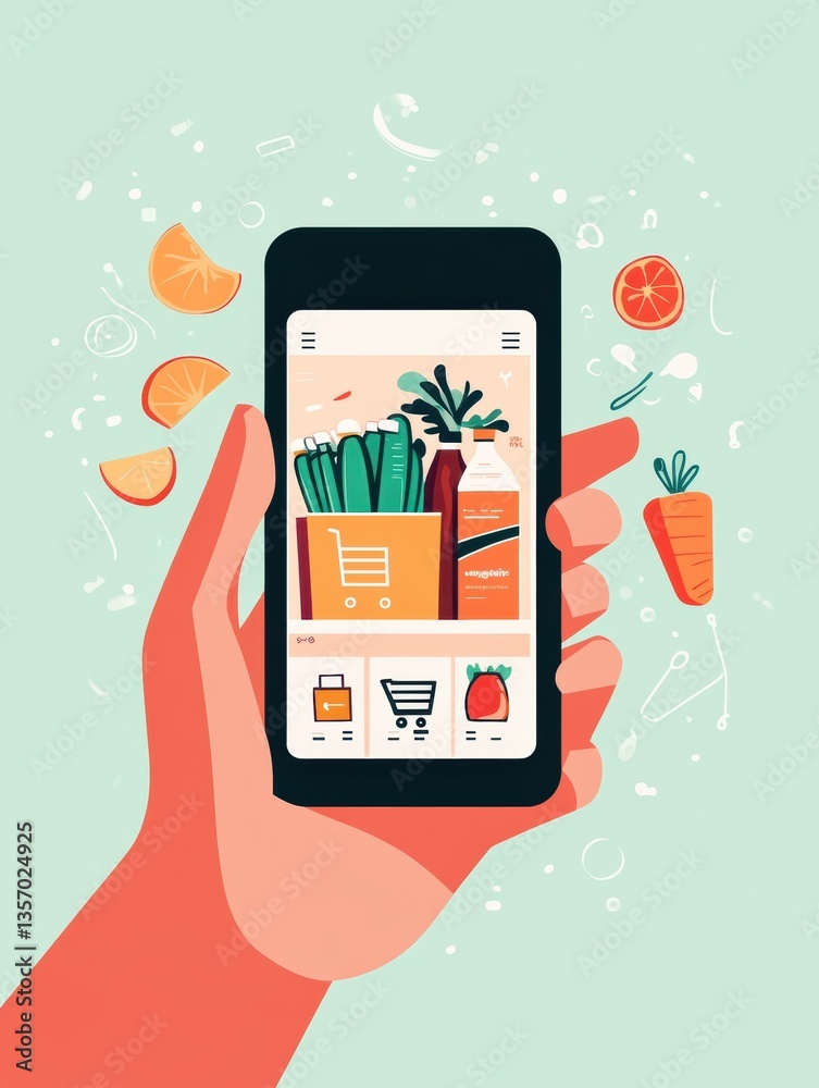 Poster smartphone displays grocery delivery app with colorful fruits and vegetables ready for shopping in a