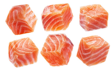 Set of salmon cubes, cuts of raw red fish fillet on white background. File contains clipping paths.