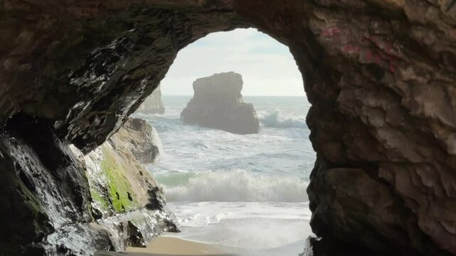 Shark Fin Cove beach with dramatic sea stack and visitors, Davenport, California