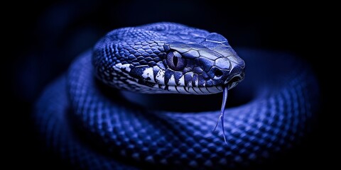 Close Up, Viper In Dark Coiled Snake On Animal, Reptile Scales, Nature. With Tongue Sticking Out