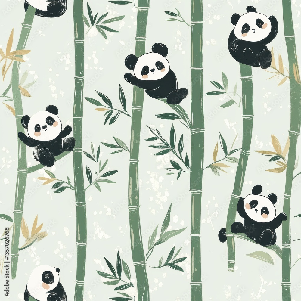 Poster Cute pandas climbing bamboo trees in a seamless pattern with soft neutral green and white colors for flawless nursery decor Generative AI
