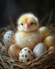 Sweet Easter Chick in Nest with Colorful Eggs, Joyful Holiday Scene
