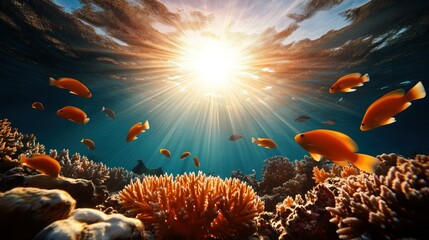 Obraz premium Underwater coral reef scene with sunlight rays and orange fish