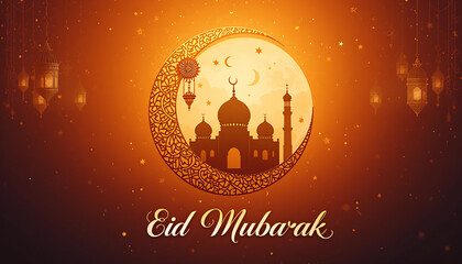 Fototapeta premium Eid mubarak card stylish Golden Lanterns, Crescent Moon. Eid mubarak festival decorative greeting background. Eid mubarak festival card. Eid mubarak festival banner. Eid Mubarak background
