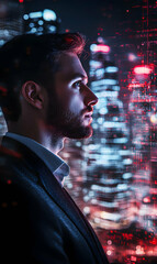 Urban visionary contemplates the illuminated skyline a portrait of ambition