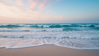 Obraz premium Waves crashing on serene beach coastal area nature photography tranquil environment wide angle view oceanic beauty at dusk