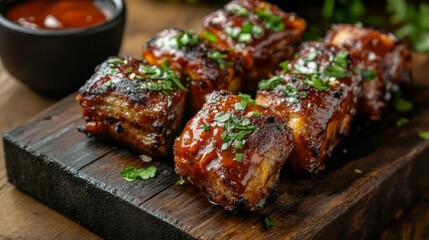 Barbecue Pork Bites Garnished With Fresh Parsley