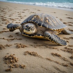 Obraz premium Sea Turtle Crawling Towards the Ocean.