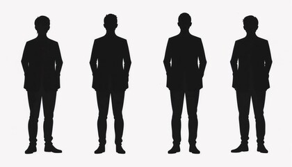 Silhouettes vectorielles personnes travail business professionnel debout, centrées et isolées sur fond blanc.