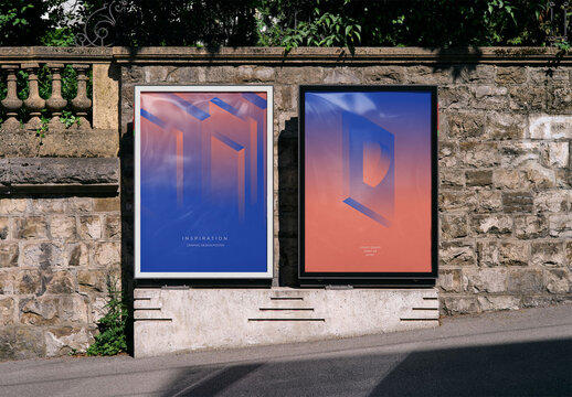 Mockup Of Two Vertical Customizable Posters On Wall