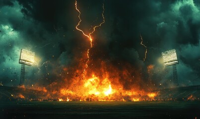 Dark clouds covered the sky, lightning struck the stadium, and smoke filled the air