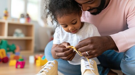 Father teaching young daughter to tie shoelaces at home