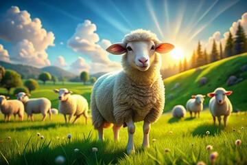 Adorable Sheep Grazing on Lush Green Pasture, Cute Farm Animal Stock Photo