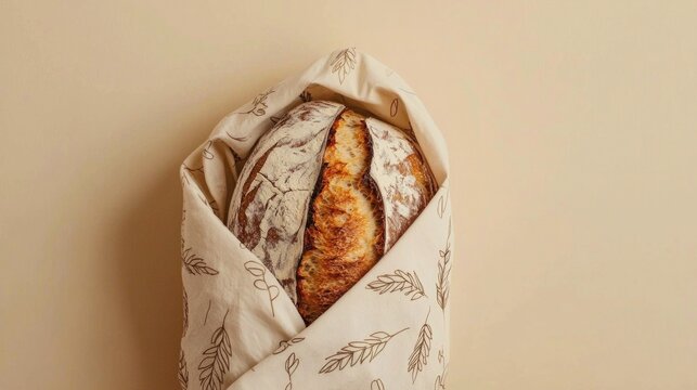 Rustic sourdough bread wrapped in patterned cloth on beige background