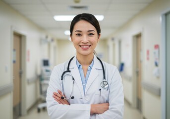 A smiling asian doctor in a white coat with a stethoscope in a hospital hallway with arms crossed