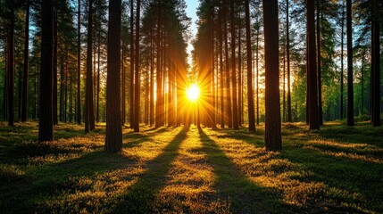 Fototapeta premium Sunlight streams through pine forest at sunset