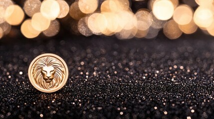 Golden lion coin on sparkling black surface with bokeh lights