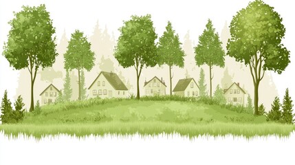 Obraz premium Green hillside village, forest background, peaceful scene, nature illustration