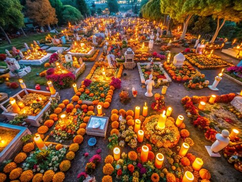 Aerial Day of the Dead Altar, Drone Photography, Colorful Ofrendas, Mexico, Festive Celebration