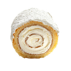 Delicious and creamy vanilla roll cake with powdered sugar topping. transparent background