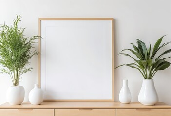 Minimalist Home Decor with Plants and Blank Frame