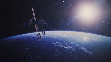 Naklejka premium The international space station orbiting Earth with stars in the distance