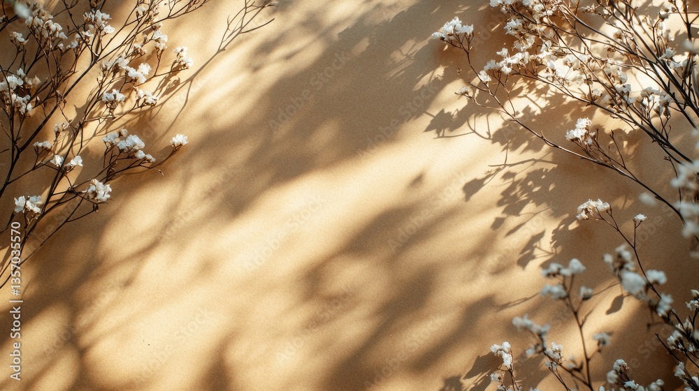 Poster delicate branches with tiny white flowers stretch across a warm-toned backdrop, casting gentle shado