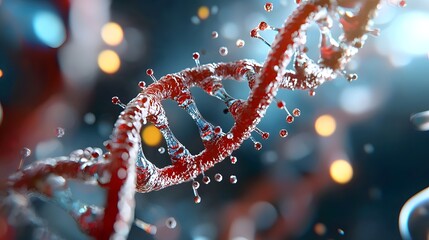 Close up digital visualization of the intricate structure and helical shape of a DNA molecule featuring vibrant colors and a futuristic scientific aesthetic