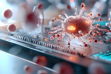 A highly magnified detailed microscopic view of a viral particle responsible for a widespread health crisis around the world