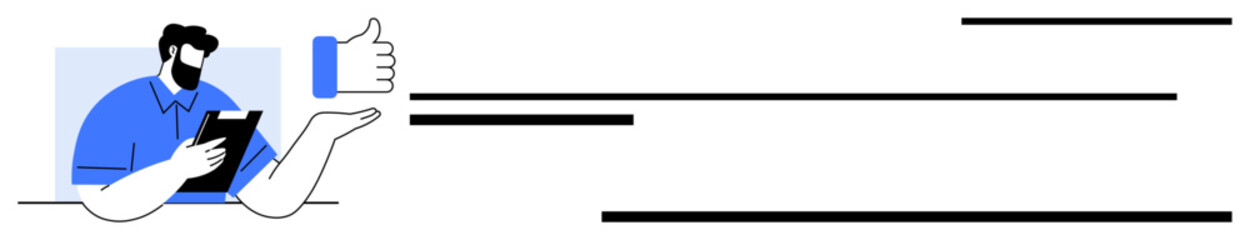 Person in blue shirt holding tablet, thumbs-up icon symbolizing approval, teamwork, or achievement. Ideal for business, feedback, success, motivation, collaboration digital communication user