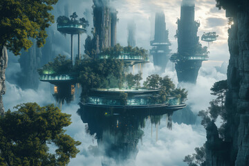 Obraz premium Surreal morning mist envelops a fantasy landscape of floating islands