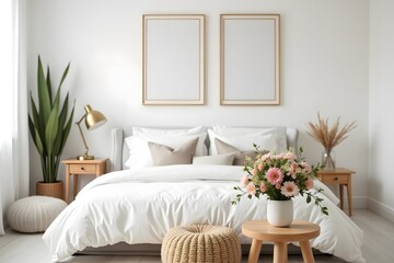 Modern Cozy Bedroom with White Bed and Wooden Decor Elements