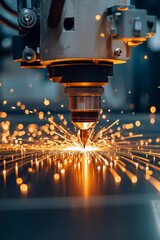Sparks Fly Precision Laser Cutting Metal Sheet, Industrial Manufacturing Process in Action